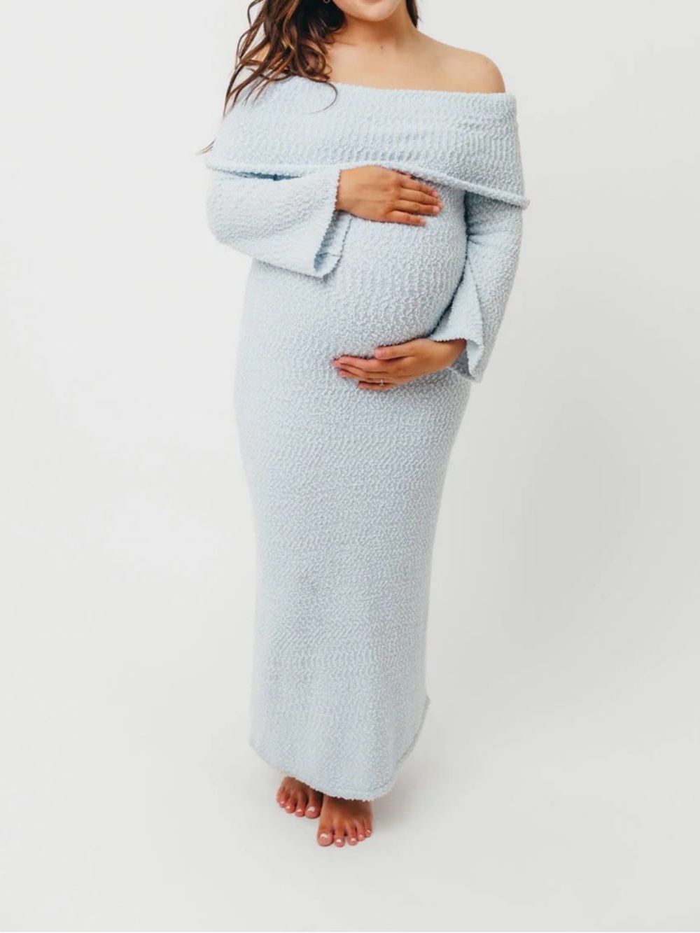 Worth Collective Nora Knit Maxi Dress Blue Off Shoulder Size M Bump Friendly